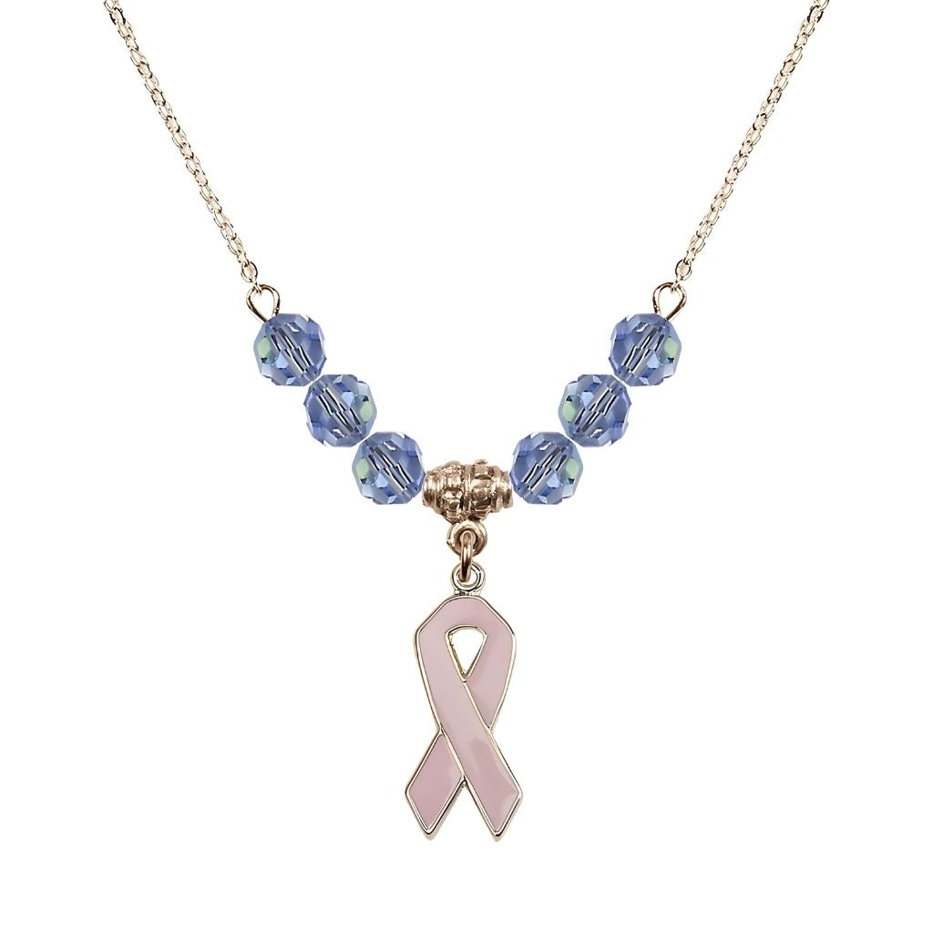 Bliss Gold-filled Breast Cancer Awareness Pink Ribbon Light Sapphire Crystal Beaded Necklace, Measures 7/8-inch tall by 1/4-inch wide
