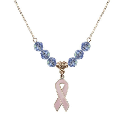 Gold-filled Breast Cancer Awareness Pink Ribbon Light Sapphire Crystal Beaded Necklace, Measures 7/8-inch tall by 1/4-inch wide, Bliss Manufacturing