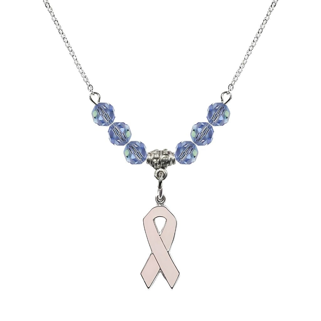 Bliss Sterling Silver Breast Cancer Awareness Pink Ribbon Light Sapphire Crystal Beaded Necklace, Measures 7/8-inch tall by 1/4-inch wide