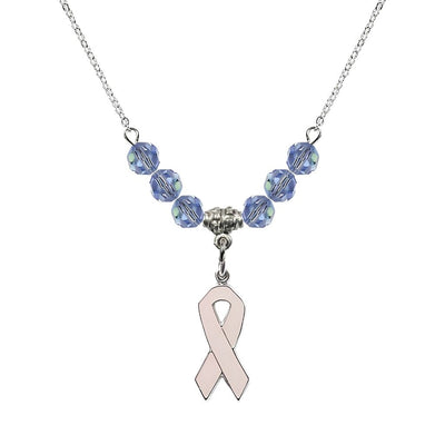 Sterling Silver Breast Cancer Awareness Pink Ribbon Light Sapphire Crystal Beaded Necklace, Measures 7/8-inch tall by 1/4-inch wide, Bliss Manufacturing