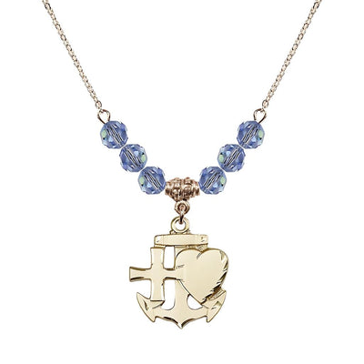 Christian Faith, Hope and Charity Gold-filled 6mm Light Sapphire Crystal Birthstone Necklace, Bliss Manufacturing