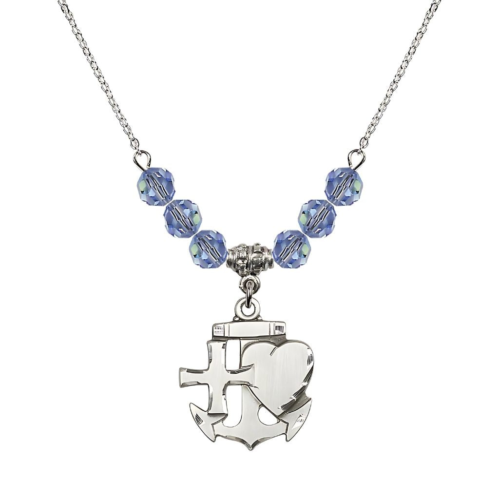Bliss Christian Faith, Hope and Charity Sterling Silver 6mm Light Sapphire Crystal Birthstone Necklace, Medal Measures 7/8-inch tall by 3/4-inch wide