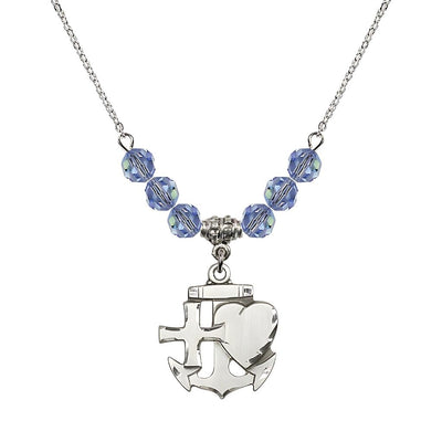 Christian Faith, Hope and Charity Sterling Silver 6mm Light Sapphire Crystal Birthstone Necklace, Medal Measures 7/8-inch tall by 3/4-inch wide, Bliss Manufacturing