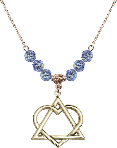 Hamilton Gold Plated Necklace with 6mm Light Sapphire Crystal Beads featuring a 14kt Gold Filled Adoption Heart, Bliss Manufacturing