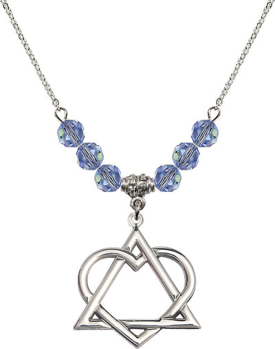 Necklace with 6mm Light Sapphire Crystal Beads featuring a Sterling Silver Adoption Heart Medal, Bliss Manufacturing