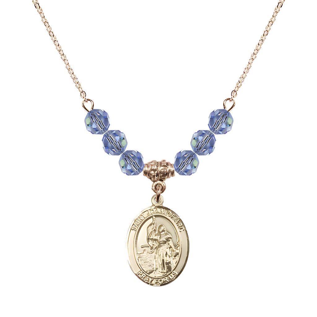 Bliss St. Joan of Arc Oval 14kt Gold-filled 6mm Light Sapphire Austrian Crystal Beaded Necklace, Measures 3/4 inch tall by 1/2-inch wide, Gift Box.