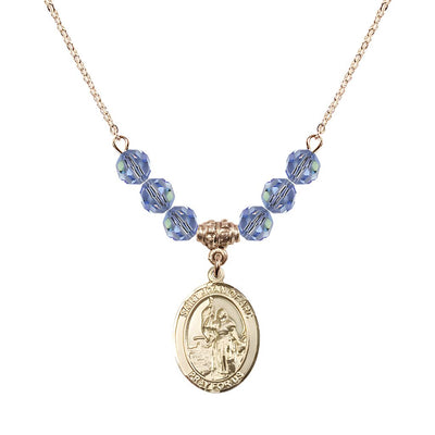 St. Joan of Arc Oval 14kt Gold-filled 6mm Light Sapphire Austrian Crystal Beaded Necklace, Measures 3/4 inch tall by 1/2-inch wide, Gift Box, Bliss Manufacturing