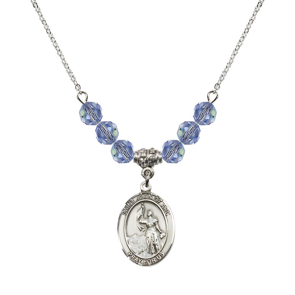 Bliss St. Joan of Arc Oval Sterling Silver 6mm Light Sapphire Austrian Crystal Beaded Necklace, Measures 3/4 inch tall by 1/2-inch wide, Gift Box.