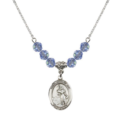 St. Joan of Arc Oval Sterling Silver 6mm Light Sapphire Austrian Crystal Beaded Necklace, Measures 3/4 inch tall by 1/2-inch wide, Gift Box, Bliss Manufacturing