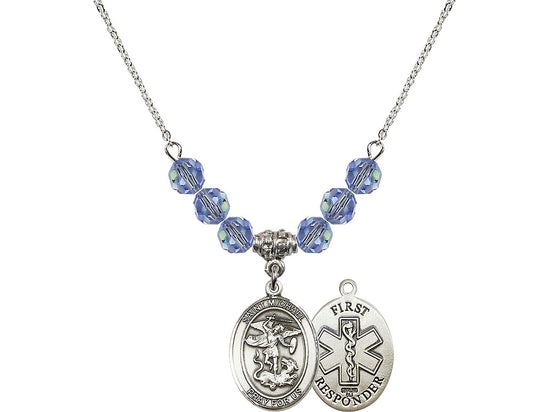 Bliss 1st Responder St Michael Sterling Silver Beaded Necklace in Light Sapphire,