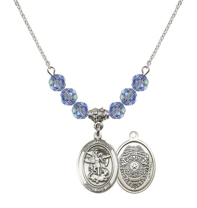 Police Officers St. Michael Sterling Silver 6mm Light Sapphire Beaded Necklace, Measures 3/4 inch tall by 1/2-inch wide, Gift Box, Bliss Manufacturing