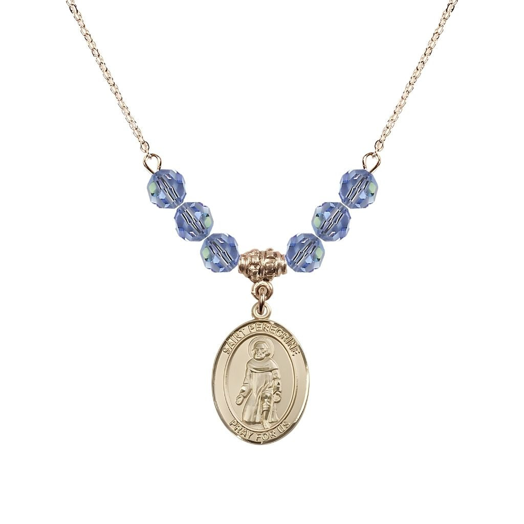 Bliss Our Lady of Fatima 14kt Gold-filled 6mm Light Sapphire Beaded Necklace, Measures 3/4 inch tall by 1/2-inch wide, Gift Box
