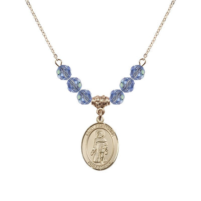 Our Lady of Fatima 14kt Gold-filled 6mm Light Sapphire Beaded Necklace, Measures 3/4 inch tall by 1/2-inch wide, Gift Box, Bliss Manufacturing