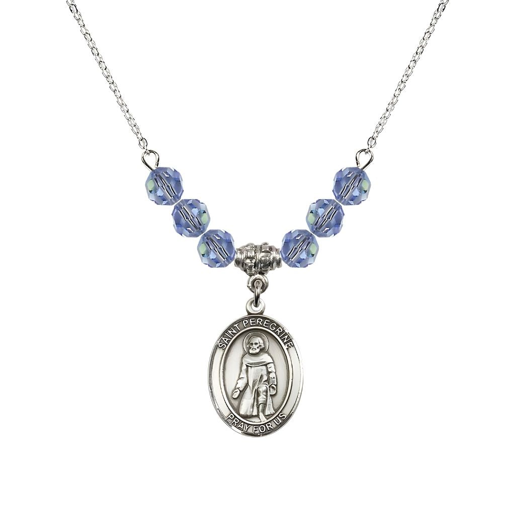 Bliss Our Lady of Fatima Sterling Silver 6mm Light Sapphire Beaded Necklace, Measures 3/4 inch tall by 1/2-inch wide, Gift Box