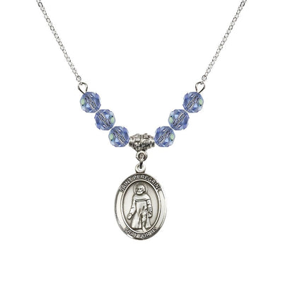 Our Lady of Fatima Sterling Silver 6mm Light Sapphire Beaded Necklace, Measures 3/4 inch tall by 1/2-inch wide, Gift Box, Bliss Manufacturing