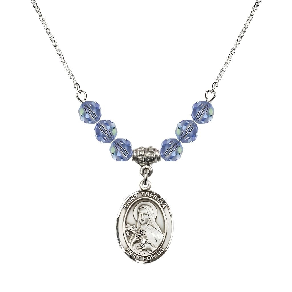 Bliss St. Theresa Sterling Silver Crystal Necklace, handcrafted in the USA, Birthstone 6mm Austrian Crystals in Sapphire