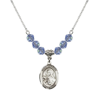 St. Theresa Sterling Silver Crystal Necklace, handcrafted in the USA, Birthstone 6mm Austrian Crystals in Sapphire, Bliss Manufacturing