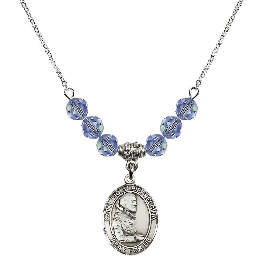 Bliss Sterling Silver St. Padre Pio of Pietrelcina Light Sapphire Crystal Birthstone Necklace