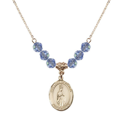 Our Lady of Fatima Gold-filled 6mm Light Sapphire Beaded Necklace, Measures 3/4 inch tall by 1/2-inch wide, Gift Box, Bliss Manufacturing