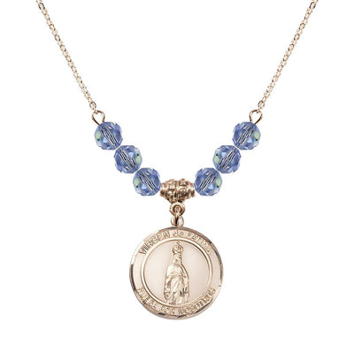 Virgen de Fatima Round 14kt Gold-filled 6mm Light Sapphire Beaded Necklace, Measures 3/4 inch tall by 1/2-inch wide, Gift Box, Bliss Manufacturing