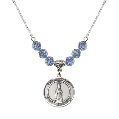 Virgen de Fatima Round Sterling Silver 6mm Light Sapphire Beaded Necklace, Measures 3/4 inch tall by 1/2-inch wide, Gift Box, Bliss Manufacturing