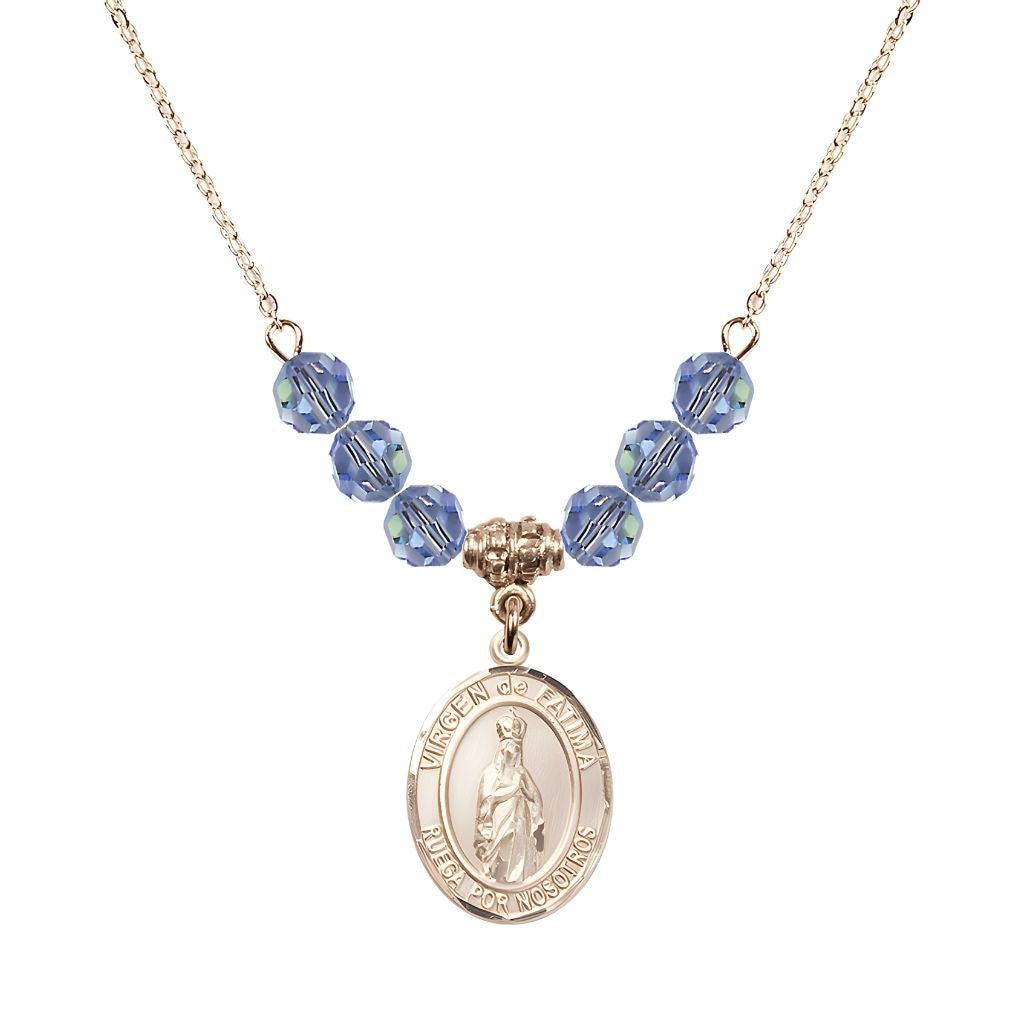 Bliss Virgen de Fatima 14kt Gold-filled 6mm Light Sapphire Beaded Necklace, Measures 3/4 inch tall by 1/2-inch wide, Gift Box