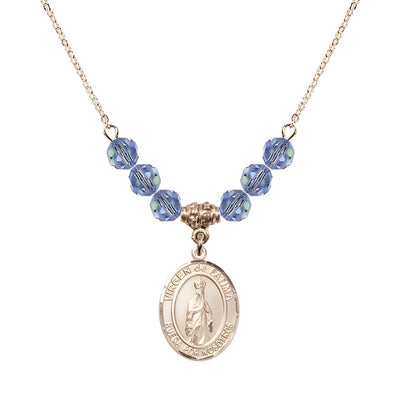 Virgen de Fatima 14kt Gold-filled 6mm Light Sapphire Beaded Necklace, Measures 3/4 inch tall by 1/2-inch wide, Gift Box, Bliss Manufacturing