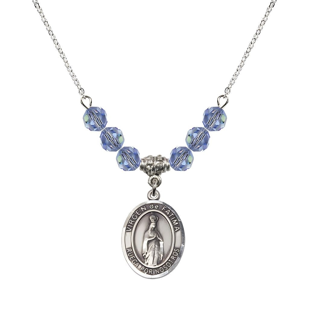 Bliss Virgen de Fatima Oval Sterling Silver 6mm Light Sapphire Beaded Necklace, Measures 3/4 inch tall by 1/2-inch wide, Gift Box