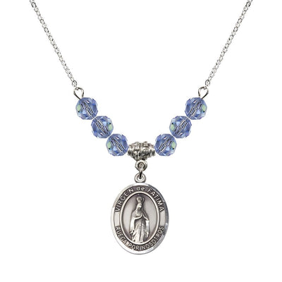 Virgen de Fatima Oval Sterling Silver 6mm Light Sapphire Beaded Necklace, Measures 3/4 inch tall by 1/2-inch wide, Gift Box, Bliss Manufacturing