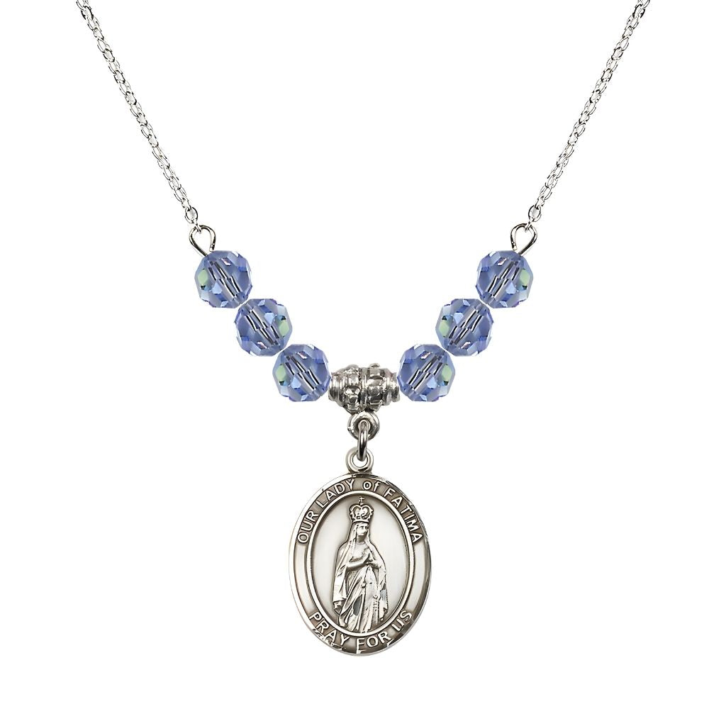 Bliss Our Lady of Fatima Sterling Silver 6mm Light Sapphire Beaded Necklace, Measures 3/4 inch tall by 1/2-inch wide, Gift Box
