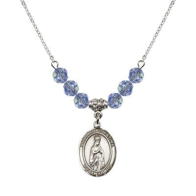 Our Lady of Fatima Sterling Silver 6mm Light Sapphire Beaded Necklace, Measures 3/4 inch tall by 1/2-inch wide, Gift Box, Bliss Manufacturing