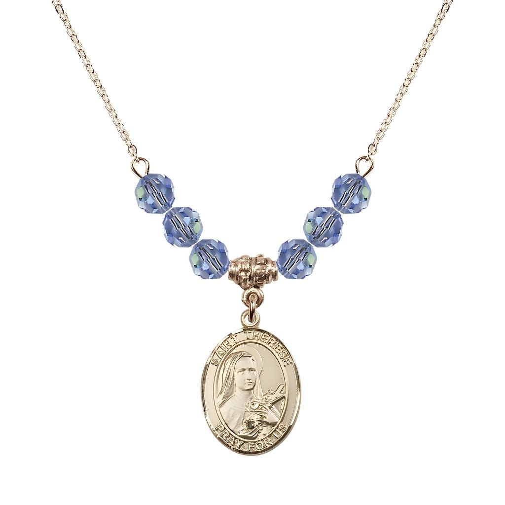 Bliss St. Therese of Lisieux Gold-filled Birthstone Necklace with 6mm Austrian crystal in light sapphire beads