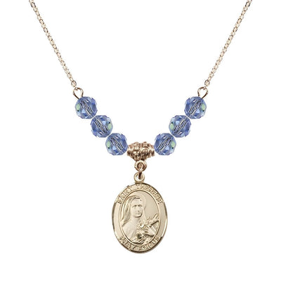 St. Therese of Lisieux Gold-filled Birthstone Necklace with 6mm Austrian crystal in light sapphire beads, Bliss Manufacturing