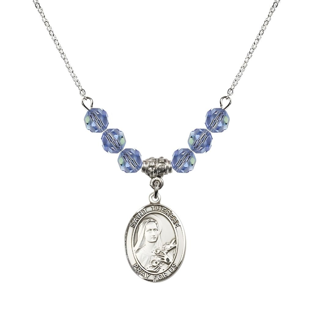 Bliss St. Therese of Lisieux Sterling Silver Medal and Birthstone 6mm Sapphire Crystal Necklace