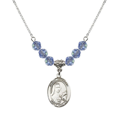 St. Therese of Lisieux Sterling Silver Medal and Birthstone 6mm Sapphire Crystal Necklace, Bliss Manufacturing