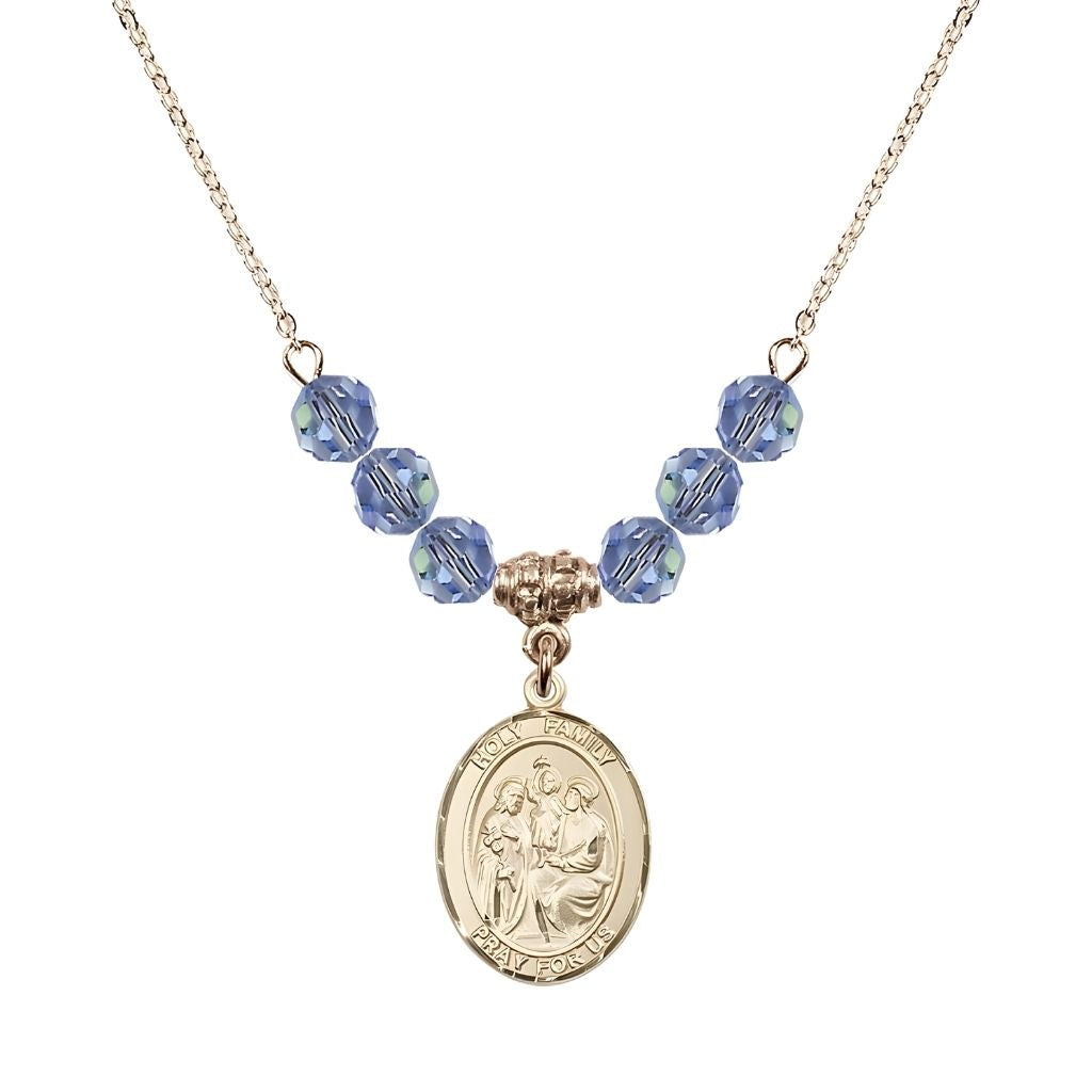 Bliss Holy Family Beaded Necklace with Gold-filled Medal, 6mm Austrian Crystal Light Sapphire
