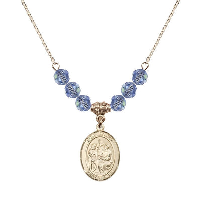 Holy Family Beaded Necklace with Gold-filled Medal, 6mm Austrian Crystal Light Sapphire, Bliss Manufacturing