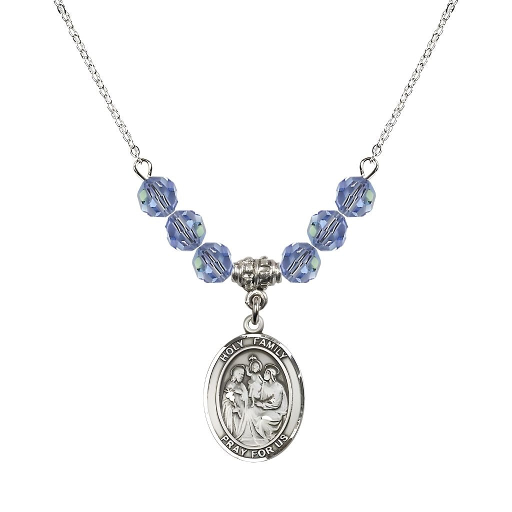 Bliss Holy Family Beaded Necklace with Sterling Silver Medal, 6mm Austrian Crystal Light Sapphire