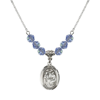 Holy Family Beaded Necklace with Sterling Silver Medal, 6mm Austrian Crystal Light Sapphire, Bliss Manufacturing