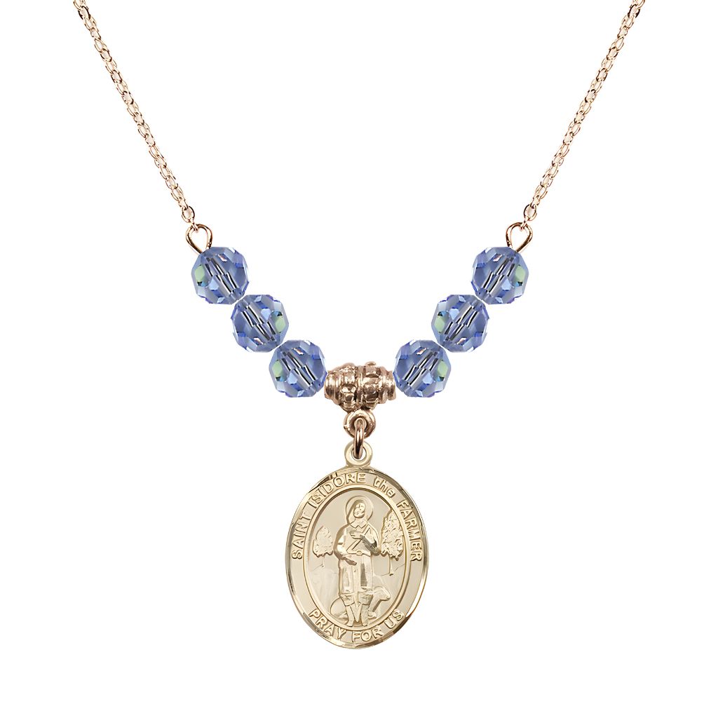 Bliss St. Isidore the Farmer Oval 14kt Gold-filled 6mm Light Sapphire Austrian Crystal Beaded Necklace, Measures 3/4 inch tall by 1/2-inch wide, Gift Box.