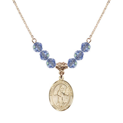 St. Isidore the Farmer Oval 14kt Gold-filled 6mm Light Sapphire Austrian Crystal Beaded Necklace, Measures 3/4 inch tall by 1/2-inch wide, Gift Box, Bliss Manufacturing