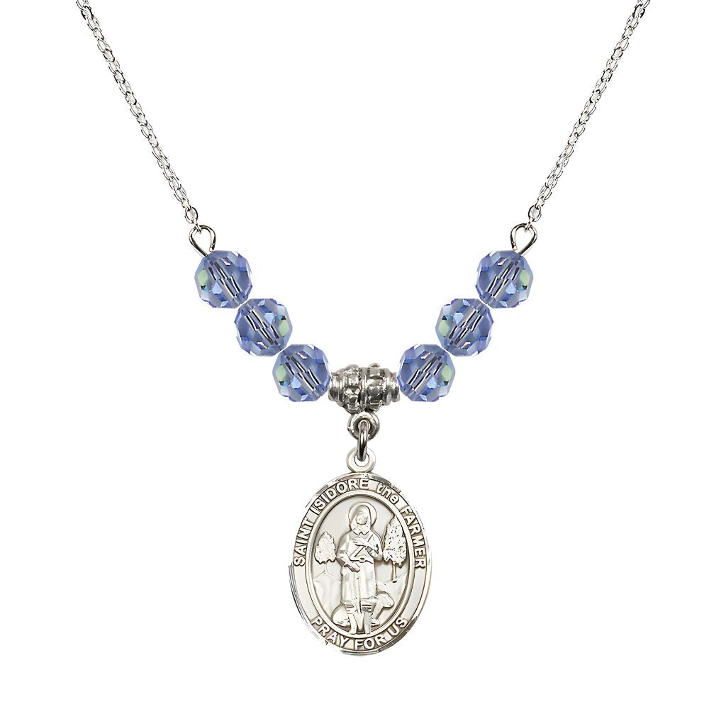 Bliss St. Isidore the Farmer Oval Sterling Silver 6mm Light Sapphire Austrian Crystal Beaded Necklace, Measures 3/4 inch tall by 1/2-inch wide, Gift Box.