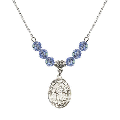 St. Isidore the Farmer Oval Sterling Silver 6mm Light Sapphire Austrian Crystal Beaded Necklace, Measures 3/4 inch tall by 1/2-inch wide, Gift Box, Bliss Manufacturing