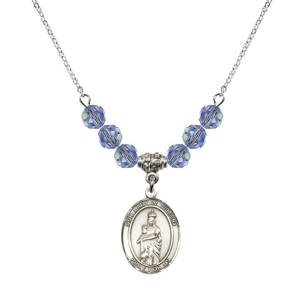 Bliss Our Lady of Victory Sterling Silver 6mm Light Sapphire Austrian Crystal Beaded Necklace with Plated Chain