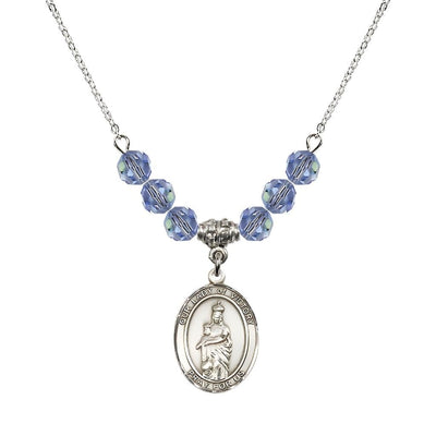 Our Lady of Victory Sterling Silver 6mm Light Sapphire Austrian Crystal Beaded Necklace with Plated Chain, Bliss Manufacturing
