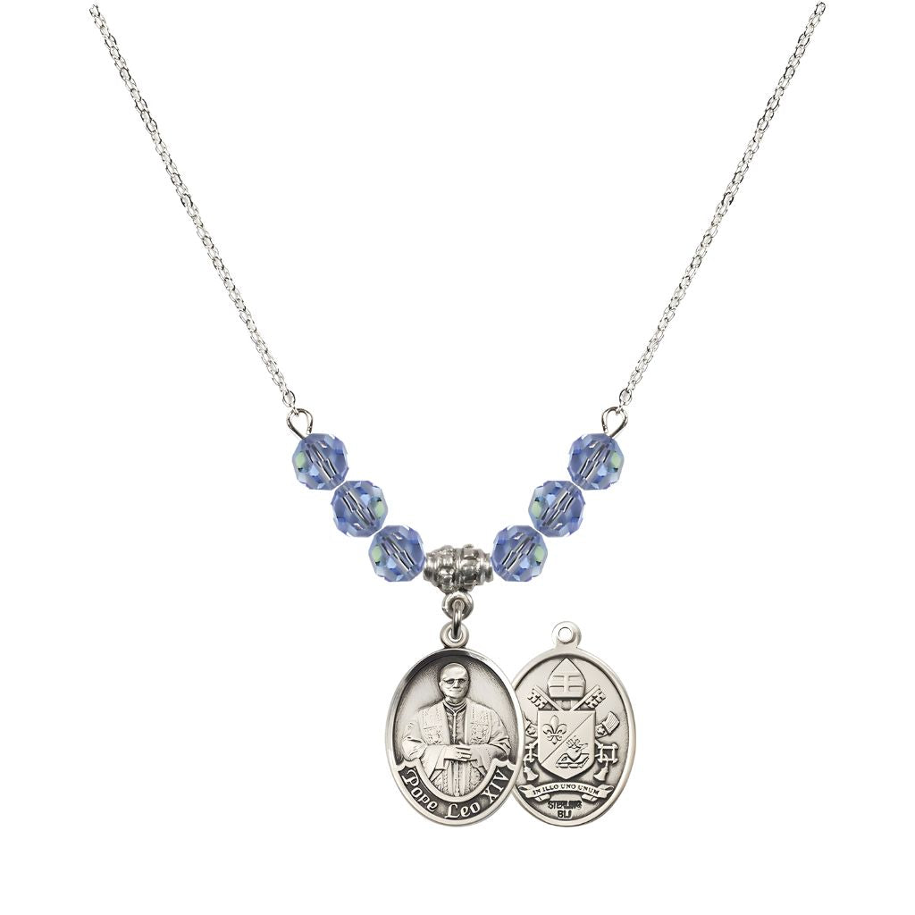 Bliss Pope Leo XIV Crystal Sterling Silver Medal Beaded Necklace with Light Sapphire Crystal Beads,