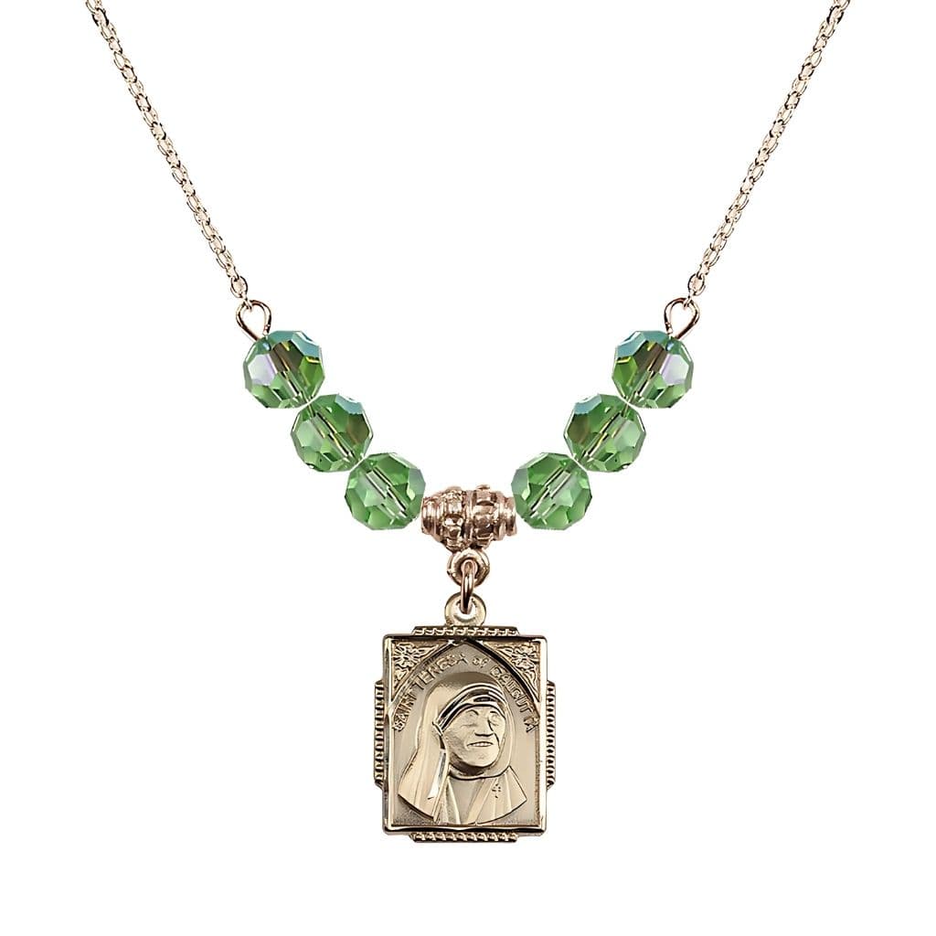 Bliss St. Teresa of Calcutta Square 14kt Gold-filled Peridot Crystal Birthstone Necklace,