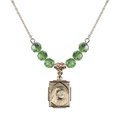 St. Teresa of Calcutta Square 14kt Gold-filled Peridot Crystal Birthstone Necklace, Bliss Manufacturing