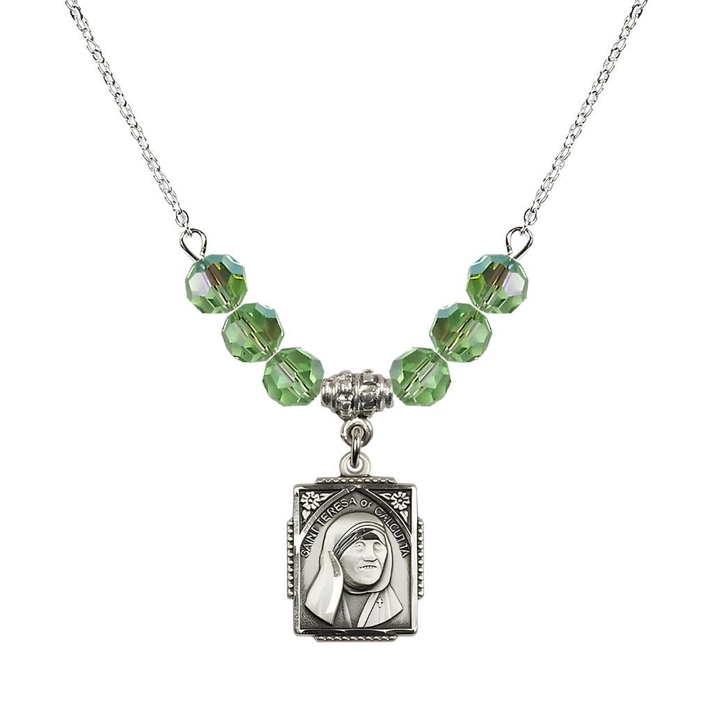 Bliss St. Teresa of Calcutta Square Sterling Silver Peridot Crystal Birthstone Necklace,