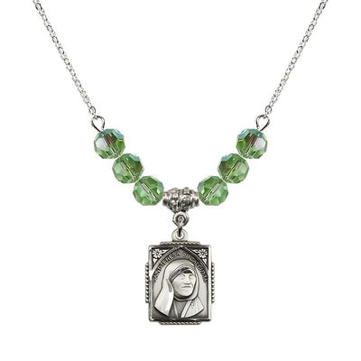 St. Teresa of Calcutta Square Sterling Silver Peridot Crystal Birthstone Necklace, Bliss Manufacturing